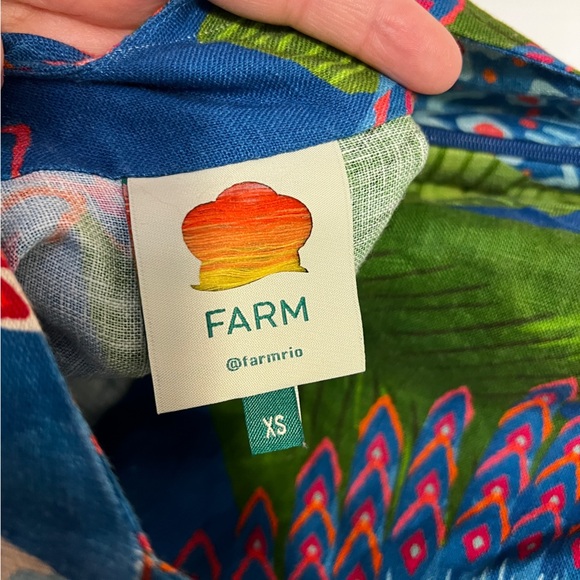 FARM RIO Blue Macaw Print Linen Mini Wrap Dress Tropical Vacation - Picture 9 of 10